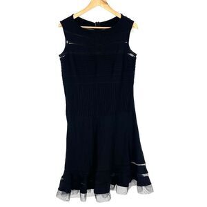 Tadashi Shoji Dress Size Large Womens Black Ruffle Pintuck Jersey Cutout Mesh